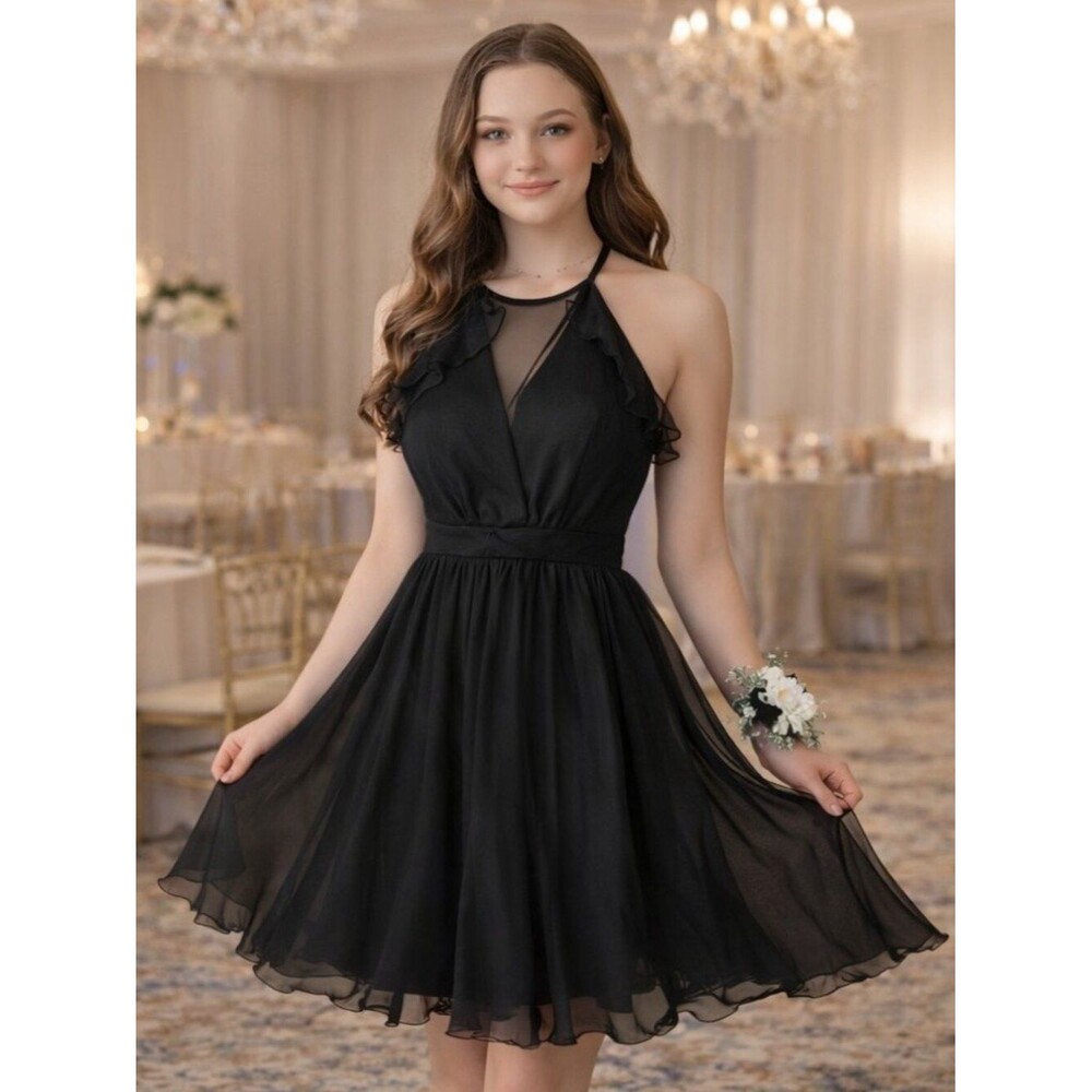 Kathy Hilton Black Halter Dress NWT Size 8 | Sheer Ruffle, Open Back, Prom